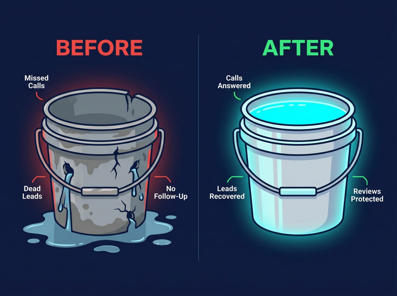 Before and after comparison showing missed calls, stale leads, and manual follow-up becoming a full bucket with calls answered, leads recovered, and reviews protected